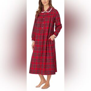 Lanz‎ of Salzburg cotton lace trim flannel nightgown red plaid holiday Christmas